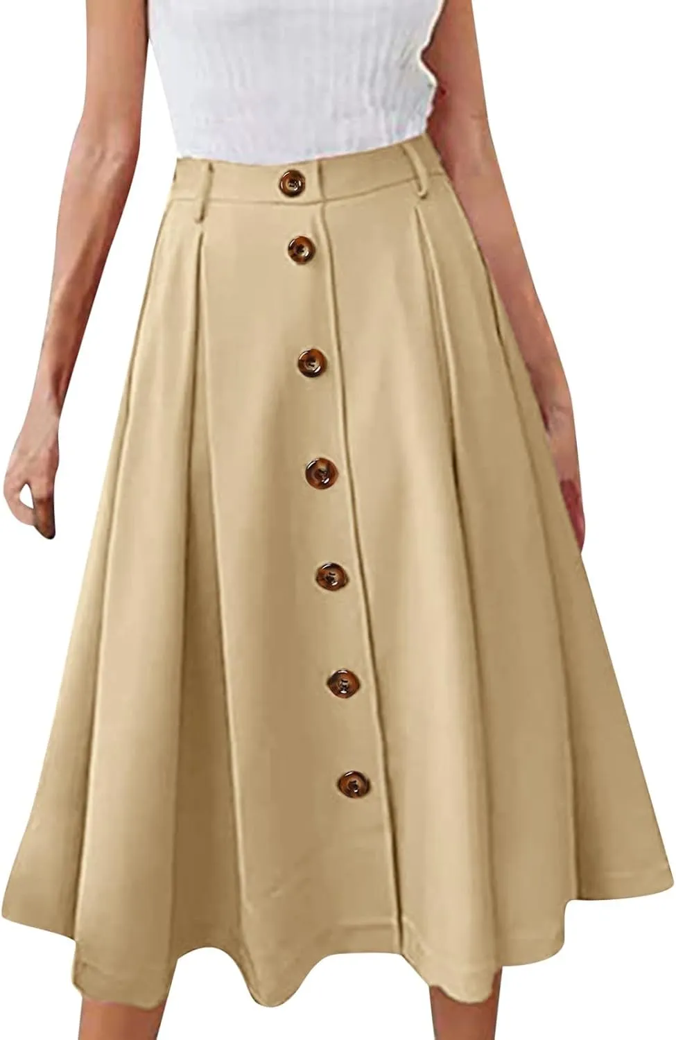 Midi Skirts for Women Casual High Elastic Waist Button Pleated Linen A Line Skirts with Pockets Flowy Swing Beach