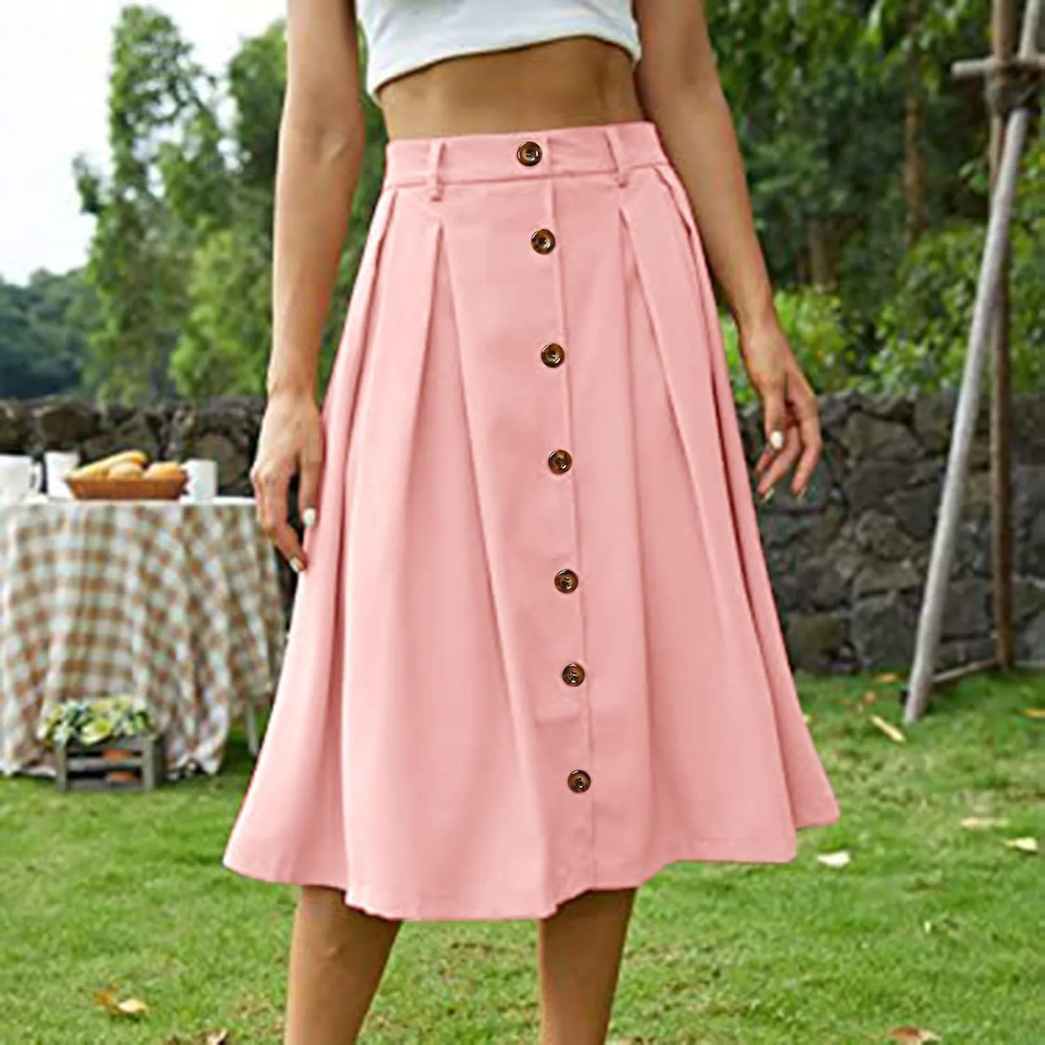 Midi Skirts for Women Casual High Elastic Waist Button Pleated Linen A Line Skirts with Pockets Flowy Swing Beach