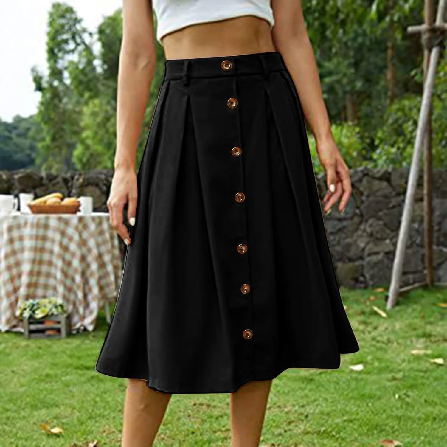 Midi Skirts for Women Casual High Elastic Waist Button Pleated Linen A Line Skirts with Pockets Flowy Swing Beach