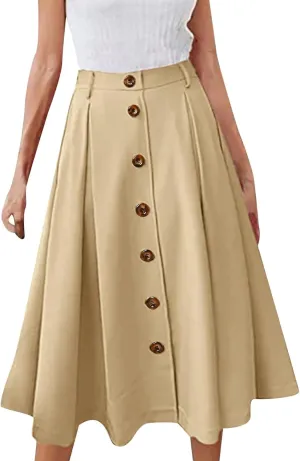 Midi Skirts for Women Casual High Elastic Waist Button Pleated Linen A Line Skirts with Pockets Flowy Swing Beach