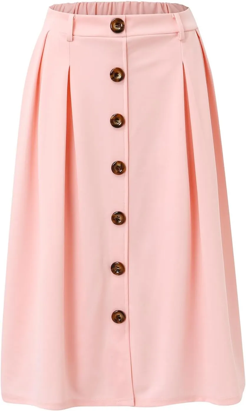 Midi Skirts for Women Casual High Elastic Waist Button Pleated Linen A Line Skirts with Pockets Flowy Swing Beach