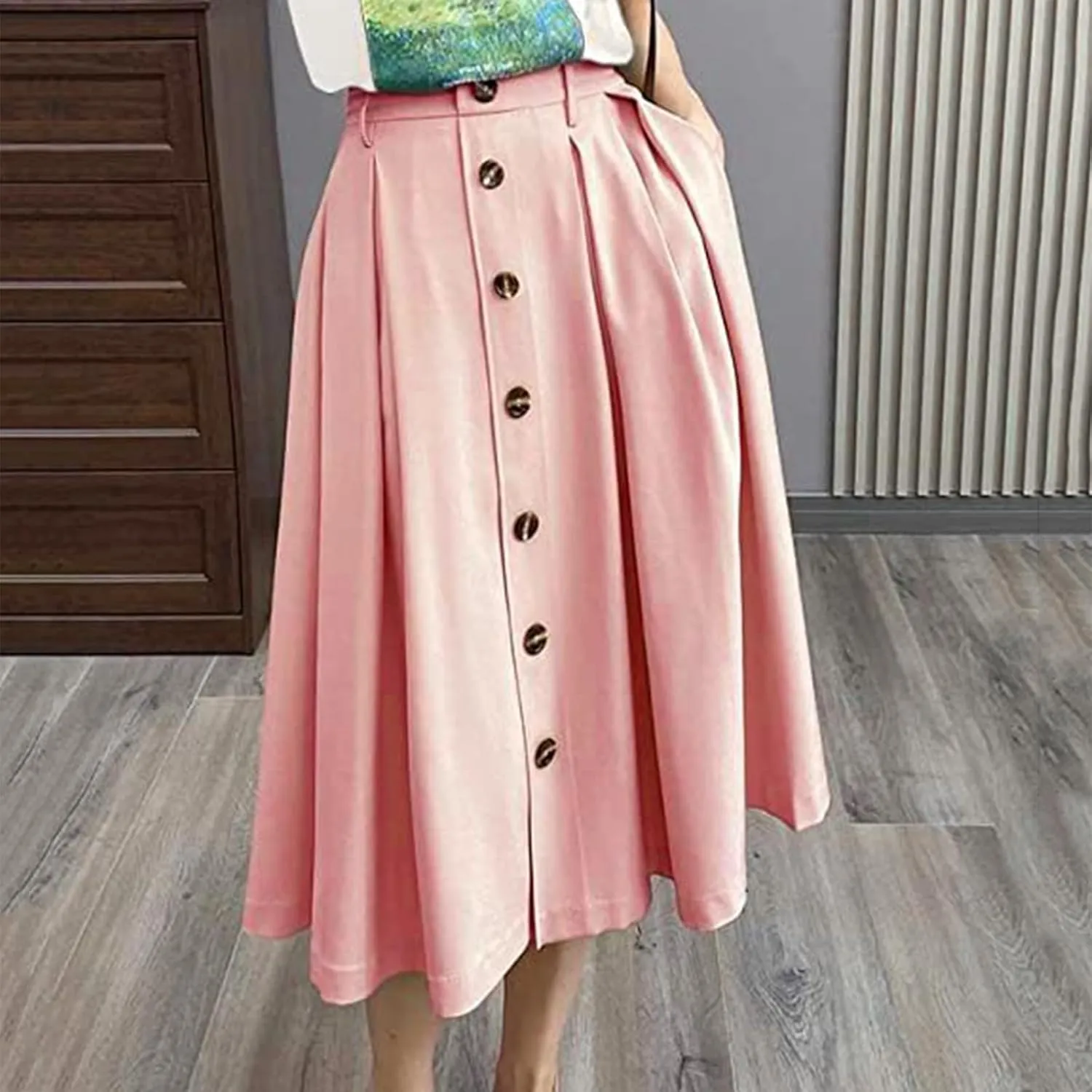Midi Skirts for Women Casual High Elastic Waist Button Pleated Linen A Line Skirts with Pockets Flowy Swing Beach