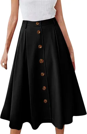 Midi Skirts for Women Casual High Elastic Waist Button Pleated Linen A Line Skirts with Pockets Flowy Swing Beach