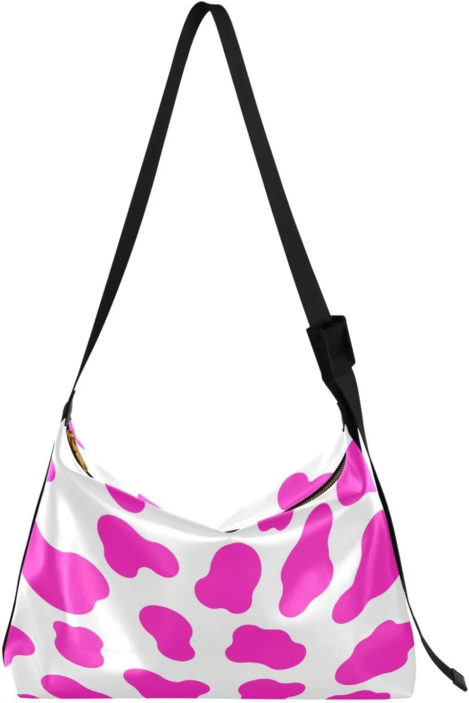 Milk Cow Skin Hobo Crossbody Bags for Women Leather Large Shoulder Bag Cross Body Pink Trendy Womens Tote Bags Handbag for Travel Shopping