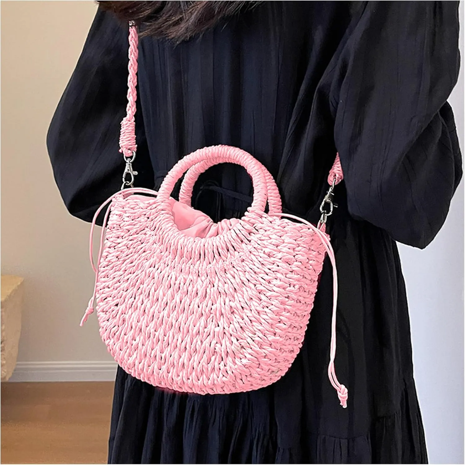 Mini Semi-circle Rattan Straw Bag, Hand-woven Women Summer Retro Beach Tote Shoulder Bag Crossbody Travel Beach Bag