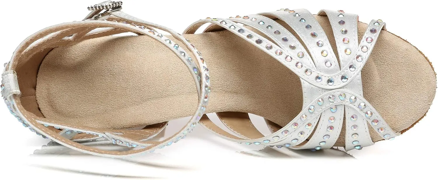 Minishion Women's Salsa Shoes Ankle Strap Beaded Dance Shoes L440