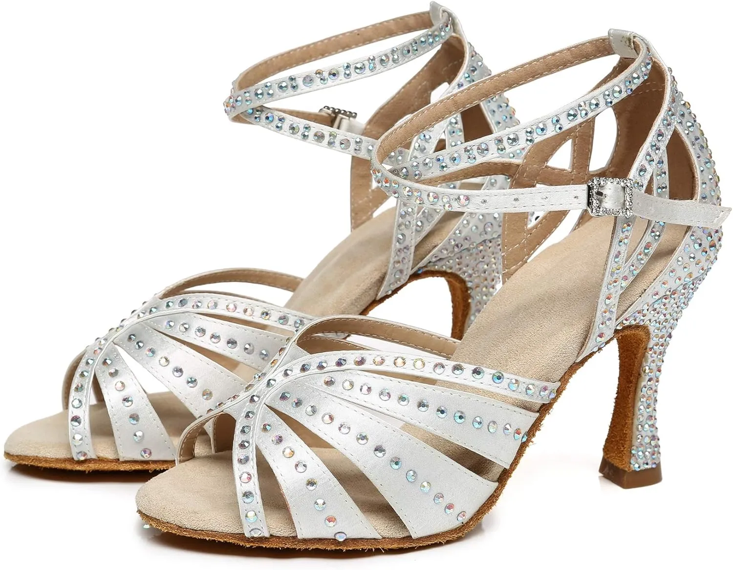 Minishion Women's Salsa Shoes Ankle Strap Beaded Dance Shoes L440
