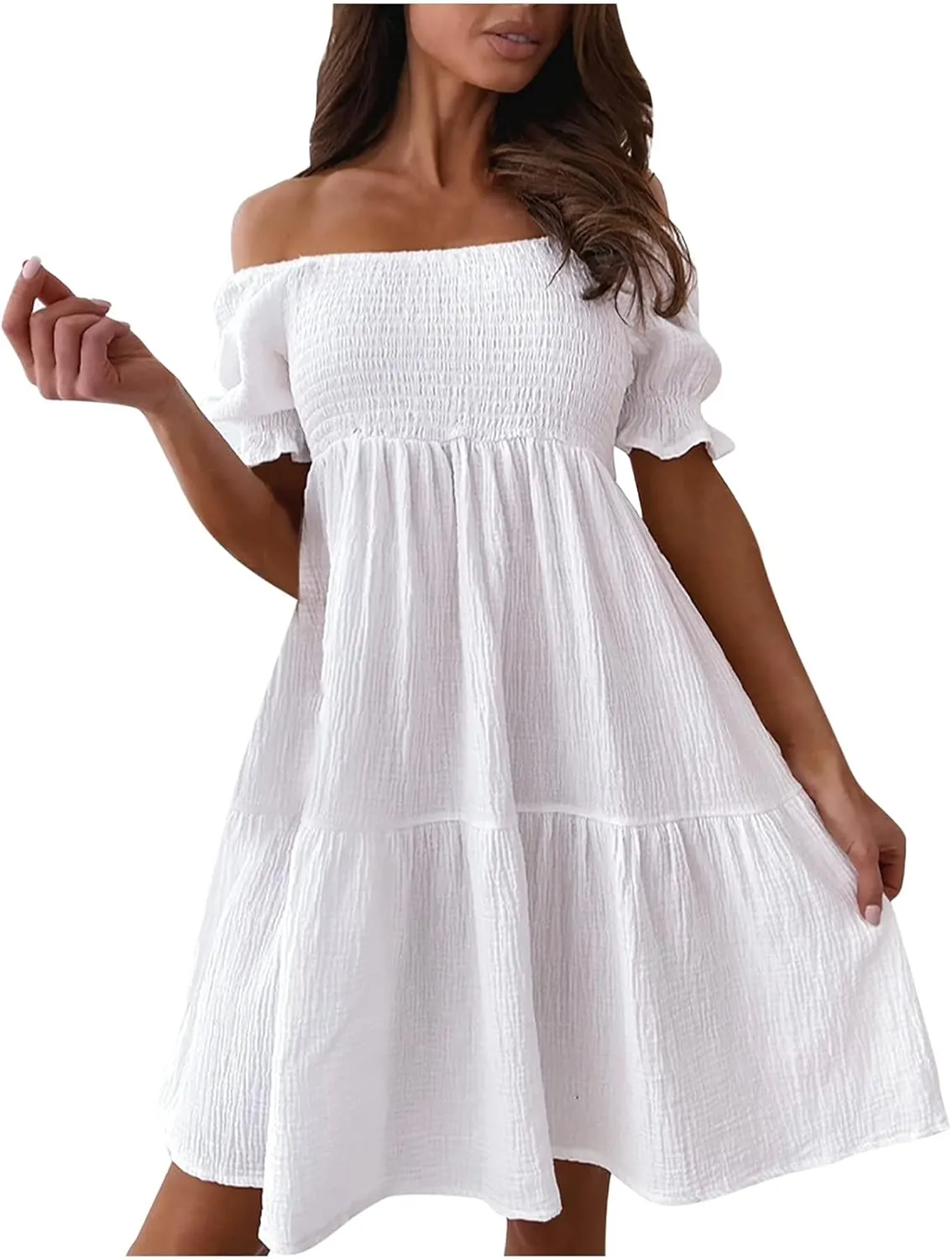 NaRHbrg Women's Off Shoulder Mini Dress Smocked Flowy Short Sleeve Ruffle Hem Summer Casual Beach Party Sundress Lightweight