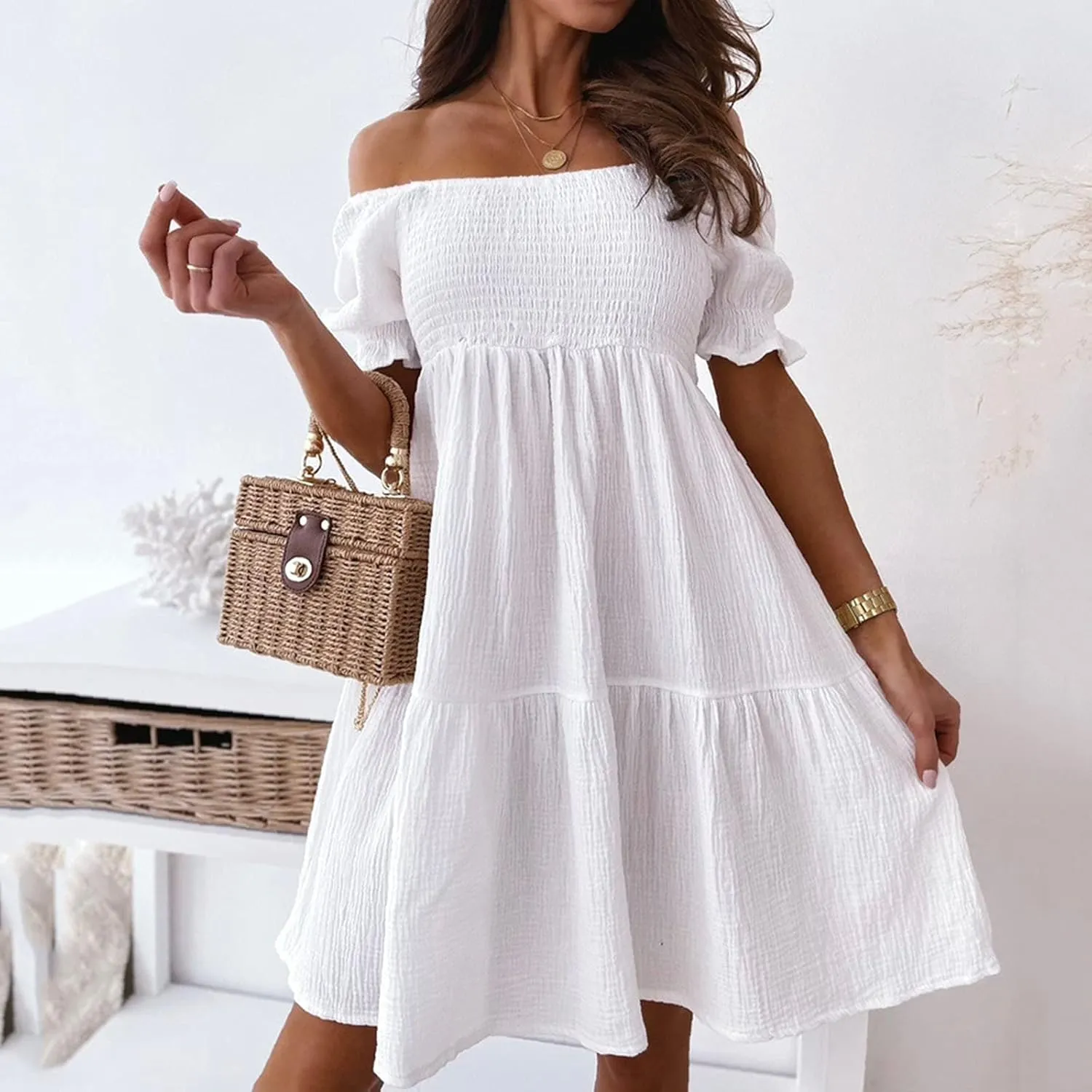NaRHbrg Women's Off Shoulder Mini Dress Smocked Flowy Short Sleeve Ruffle Hem Summer Casual Beach Party Sundress Lightweight