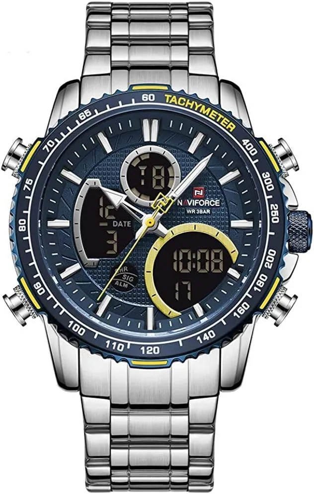 NAVIFORCE Mens Analog Digital Watch Chronograph Waterproof Sport Quartz Watches Business Fashion Stainless Steel Military Multifunctional Wristwatch (Silver)