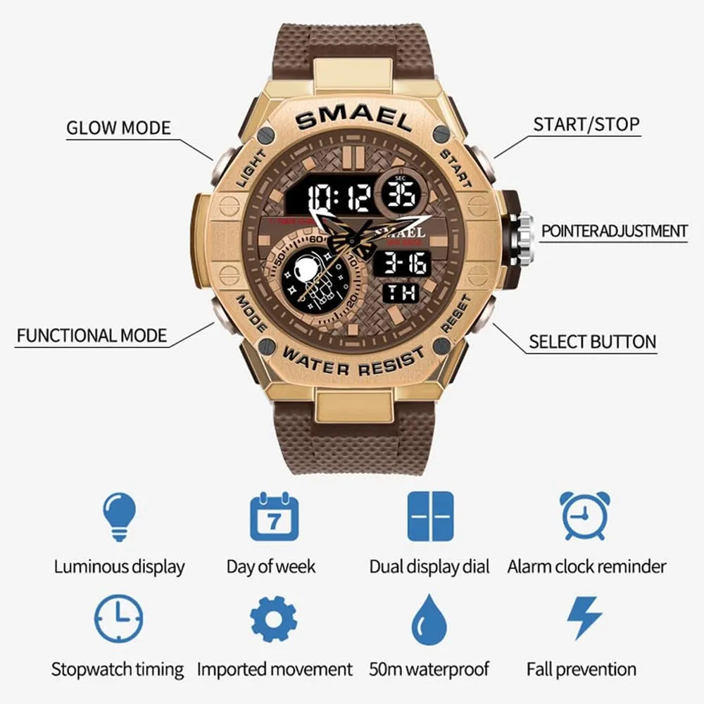 New Man Watch for Men Sports Quartz Wristwatch Outdoor Waterproof Military Digital Watches Dual Time and Stopwatch Alarm Clock