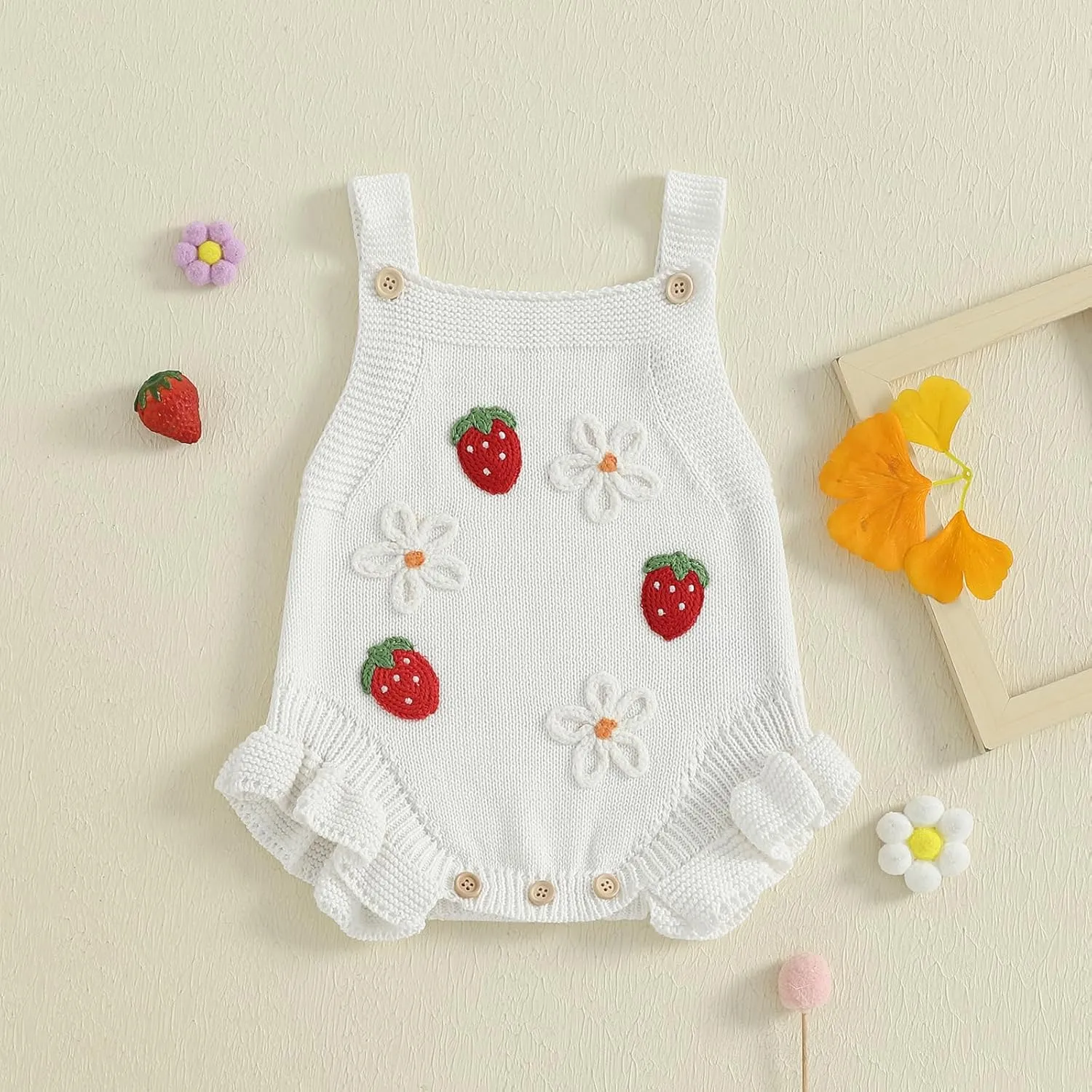 Newborn Sweater Romper Baby Girl Crochet Knit Sweaters Rompers Embroidery Flower Strawberry Outfit Sleeveless Bodysuit
