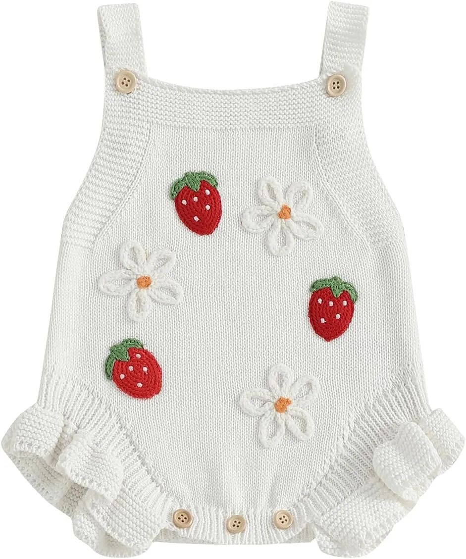 Newborn Sweater Romper Baby Girl Crochet Knit Sweaters Rompers Embroidery Flower Strawberry Outfit Sleeveless Bodysuit