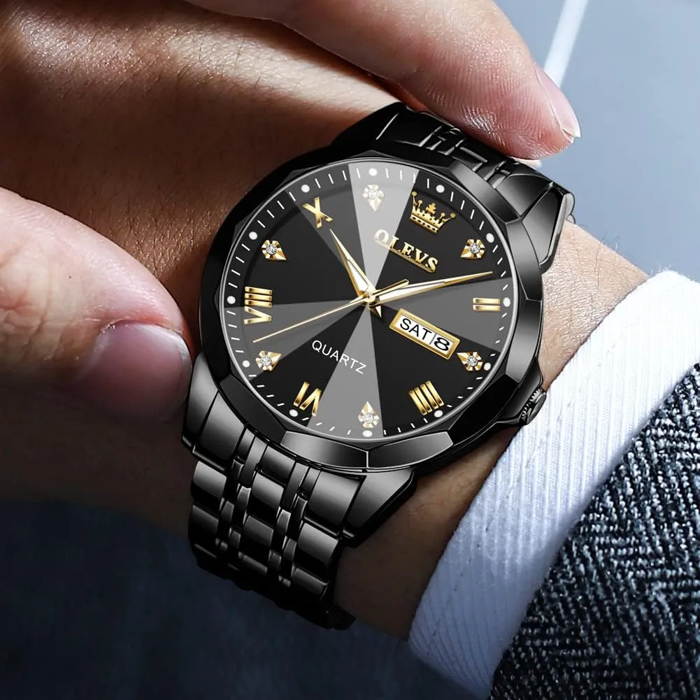 OLEVS Valentines Couple Pair Quartz Watches Luminous Calendar Date Window 3ATM Waterproof, Casual Stainless Steel His and Hers Wristwatch for Men Women Lovers Wedding Romantic Gifts Set of 2