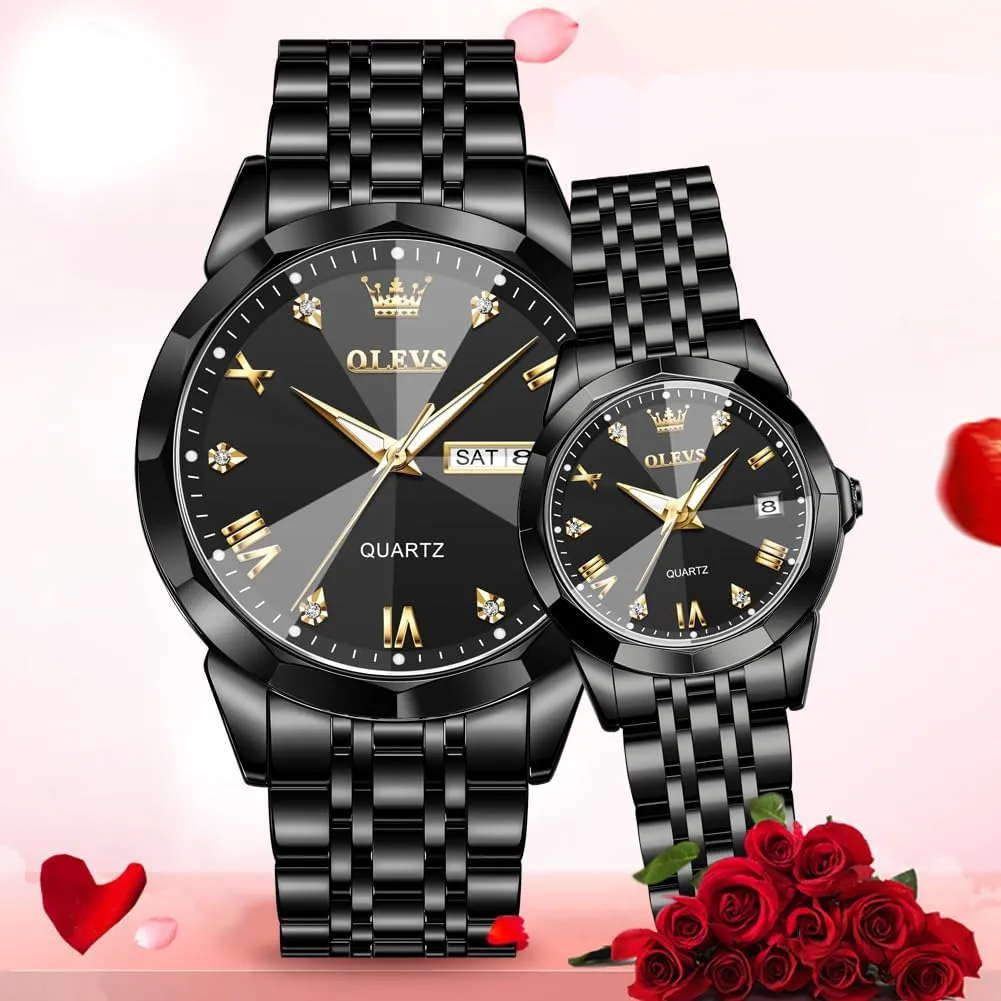 OLEVS Valentines Couple Pair Quartz Watches Luminous Calendar Date Window 3ATM Waterproof, Casual Stainless Steel His and Hers Wristwatch for Men Women Lovers Wedding Romantic Gifts Set of 2