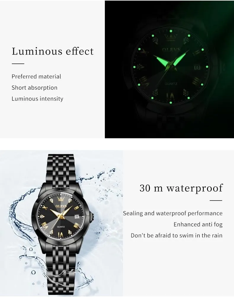 OLEVS Valentines Couple Pair Quartz Watches Luminous Calendar Date Window 3ATM Waterproof, Casual Stainless Steel His and Hers Wristwatch for Men Women Lovers Wedding Romantic Gifts Set of 2