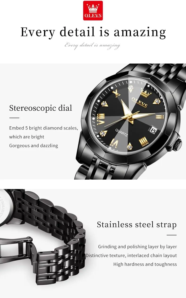 OLEVS Valentines Couple Pair Quartz Watches Luminous Calendar Date Window 3ATM Waterproof, Casual Stainless Steel His and Hers Wristwatch for Men Women Lovers Wedding Romantic Gifts Set of 2