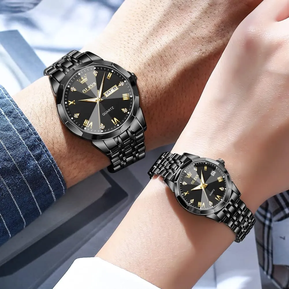 OLEVS Valentines Couple Pair Quartz Watches Luminous Calendar Date Window 3ATM Waterproof, Casual Stainless Steel His and Hers Wristwatch for Men Women Lovers Wedding Romantic Gifts Set of 2