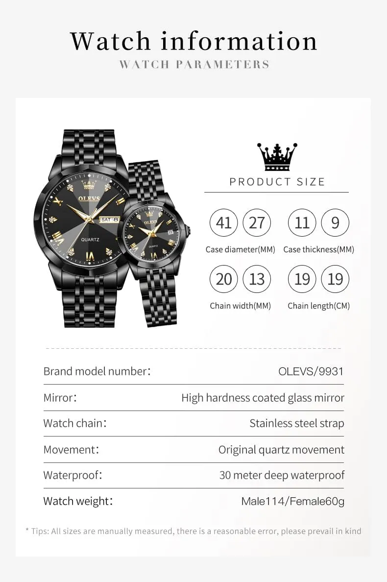 OLEVS Valentines Couple Pair Quartz Watches Luminous Calendar Date Window 3ATM Waterproof, Casual Stainless Steel His and Hers Wristwatch for Men Women Lovers Wedding Romantic Gifts Set of 2