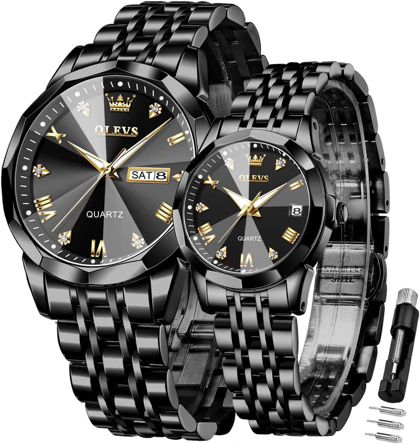 OLEVS Valentines Couple Pair Quartz Watches Luminous Calendar Date Window 3ATM Waterproof, Casual Stainless Steel His and Hers Wristwatch for Men Women Lovers Wedding Romantic Gifts Set of 2