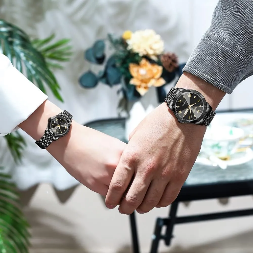 OLEVS Valentines Couple Pair Quartz Watches Luminous Calendar Date Window 3ATM Waterproof, Casual Stainless Steel His and Hers Wristwatch for Men Women Lovers Wedding Romantic Gifts Set of 2