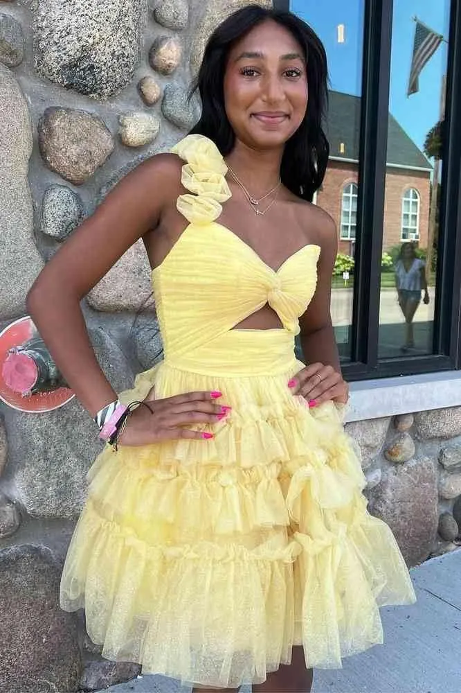 One Shoulder V Neck Homecoming Dresses Ruffle Tulle Short Prom Dress for Teens 3D Floral Appliques Princess Gowns