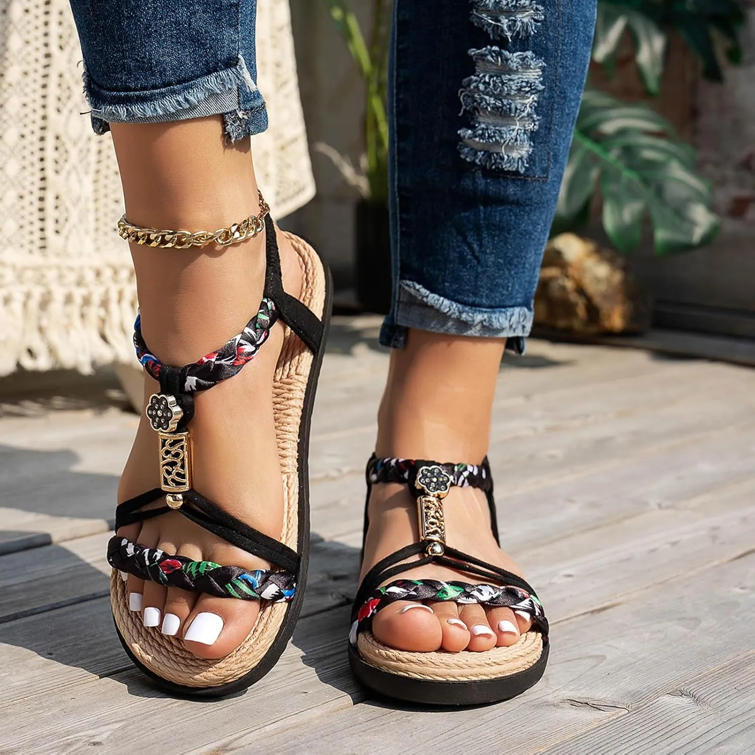 Orthopedic Wedge Sandals for Women 2025,Womens Summer Sandal Orthotic Comfortable Walking Open Toe Jeweled Beaded Casual Platform Shoe Bohemian Wedges Slip On Ankle Strap Dressy Beach Shoes