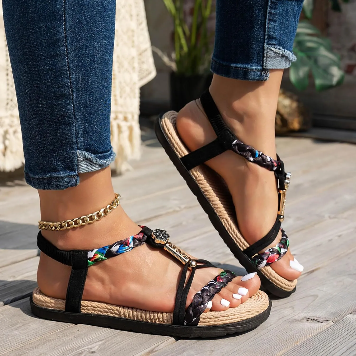 Orthopedic Wedge Sandals for Women 2025,Womens Summer Sandal Orthotic Comfortable Walking Open Toe Jeweled Beaded Casual Platform Shoe Bohemian Wedges Slip On Ankle Strap Dressy Beach Shoes