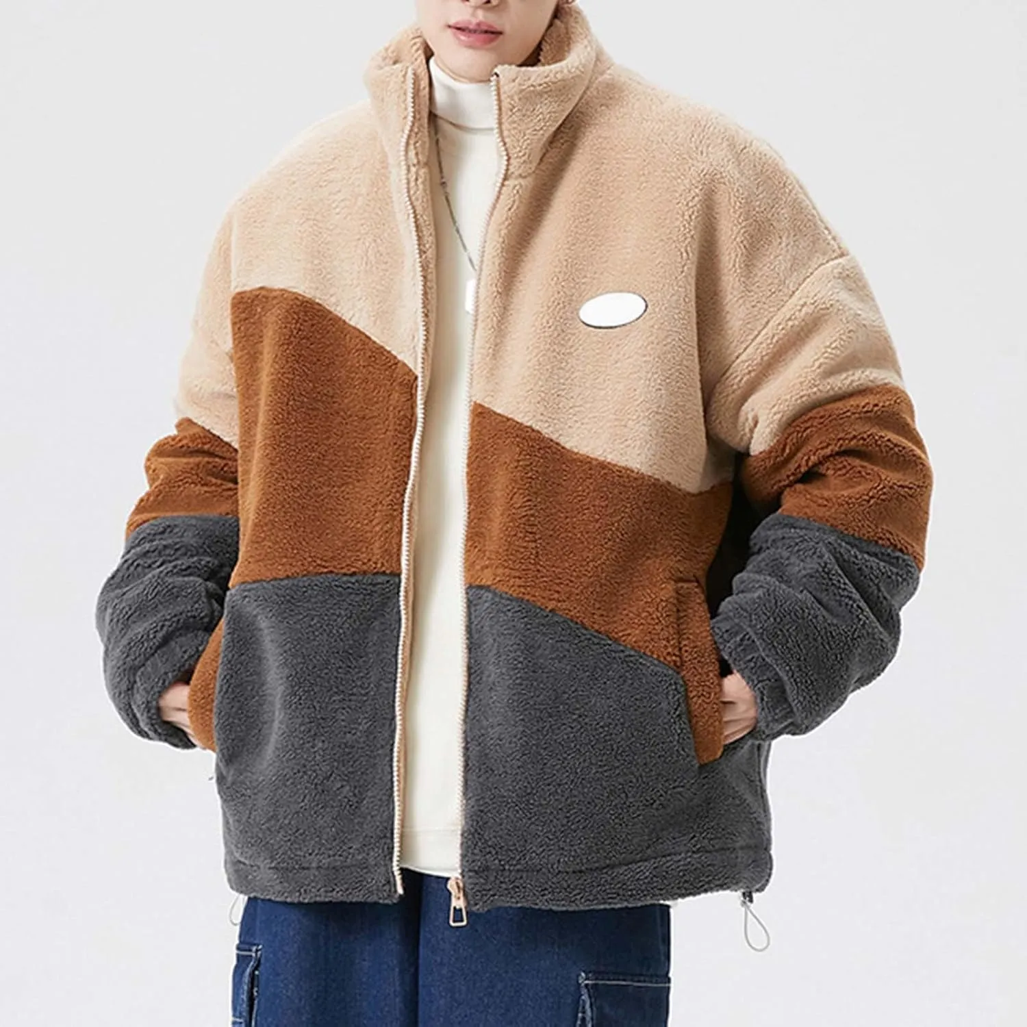 peqiut Winter Jacket For Men Cotton Padded Zipper Warm Fall Winter Hoodless Coats Patchwork Color Jacket Comfort