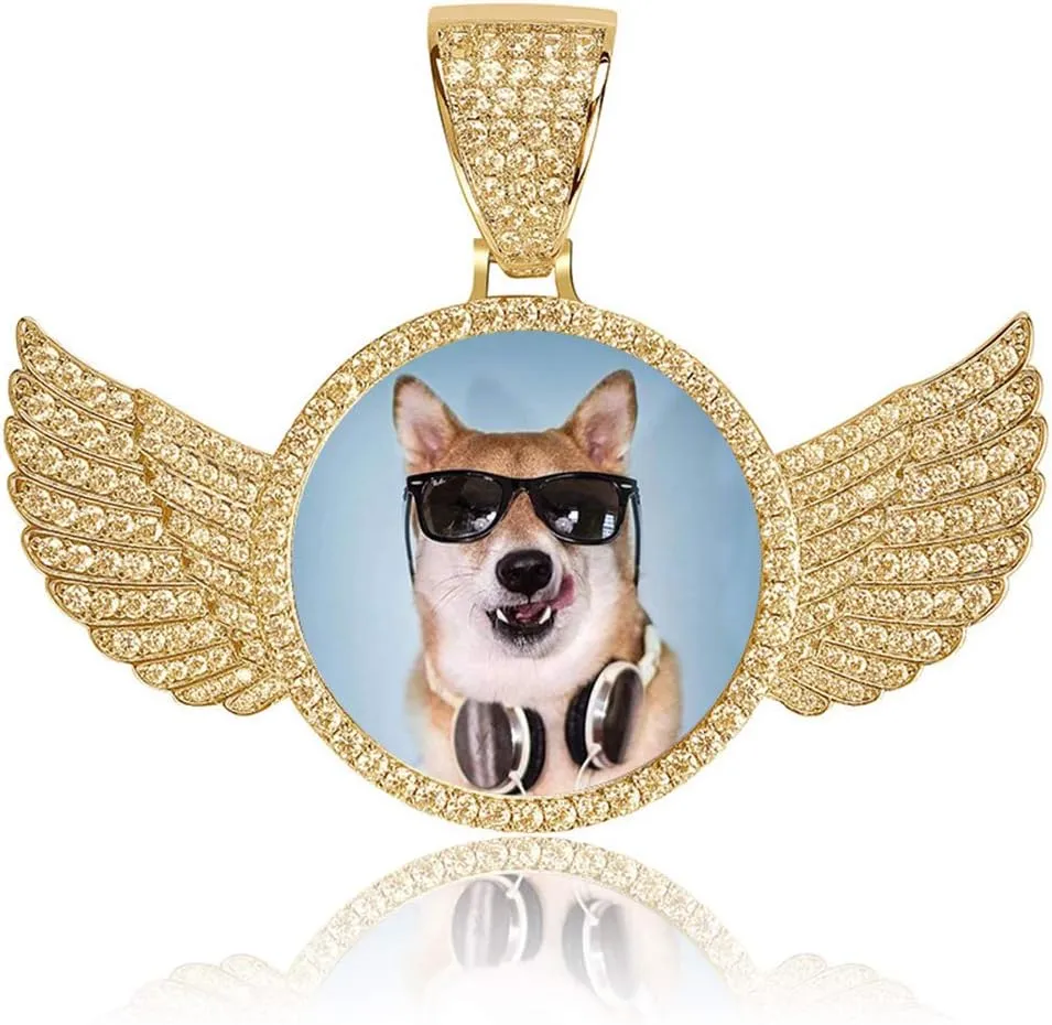 Personalized Custom Photo Necklace Angel Wings Necklace Pendant 18K Gold Cubic Zircon Tennis Chain/Rope Chain Hip hop Jewelry Iced Out Necklace for Men Women