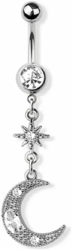 Pierced Owl 14GA 316L Stainless Steel CZ Crystal Crescent Moon with Sunburst Dangling Belly Button Ring