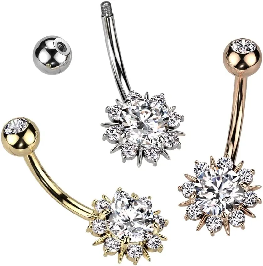 Pierced Owl 14GA 316L Stainless Steel Round CZ Crystal Sunburst Belly Button Ring