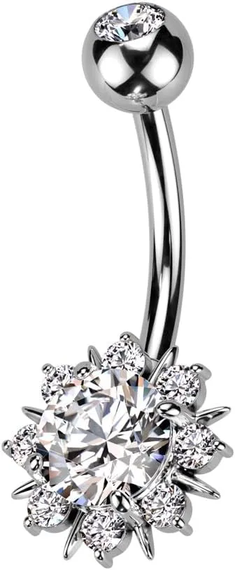 Pierced Owl 14GA 316L Stainless Steel Round CZ Crystal Sunburst Belly Button Ring