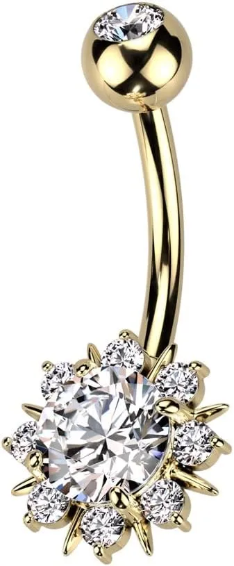 Pierced Owl 14GA 316L Stainless Steel Round CZ Crystal Sunburst Belly Button Ring