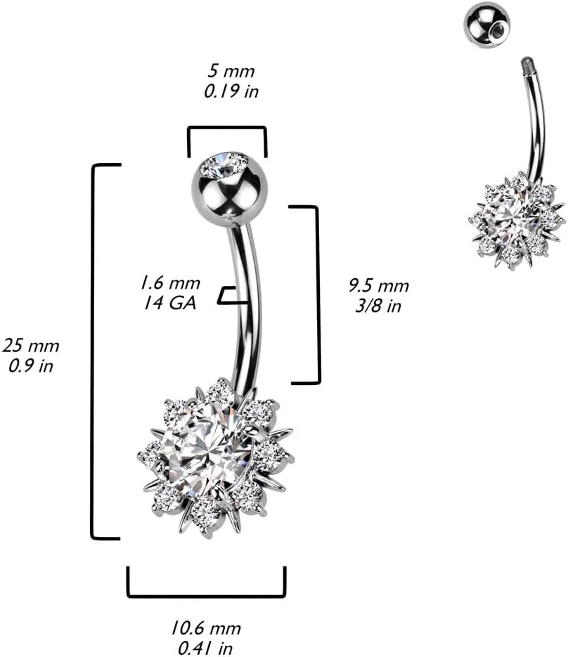 Pierced Owl 14GA 316L Stainless Steel Round CZ Crystal Sunburst Belly Button Ring