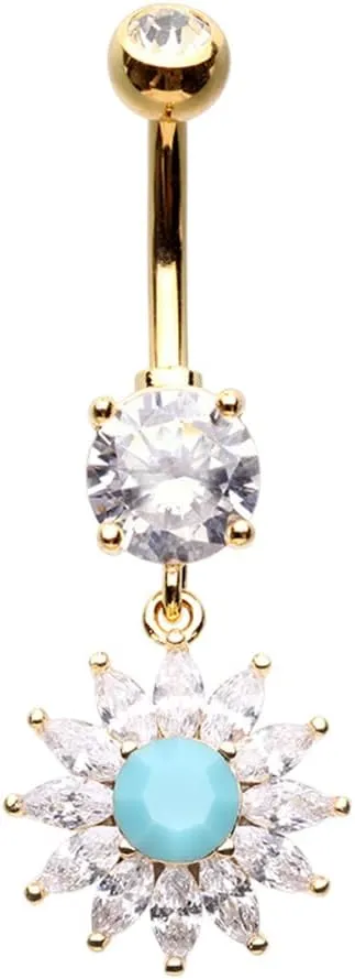 Pierced Owl 14GA Stainless Steel CZ Crystal Sunburst with Turquoise Bead Center Dangling Belly Button Ring