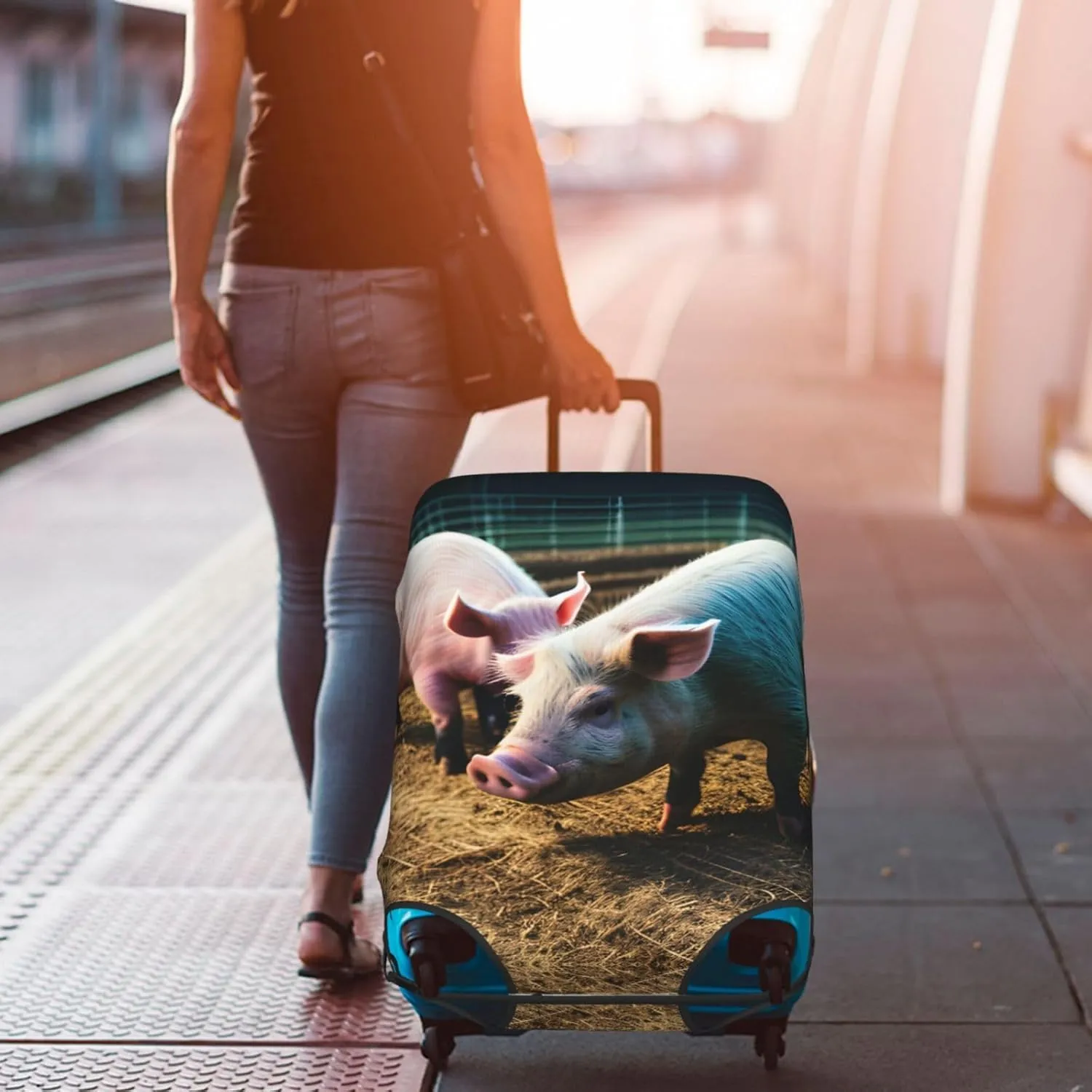 Pigs in Farm Print Practical Elastic Washable Travel Luggage Cover with Concealed Zipper for Suitcases