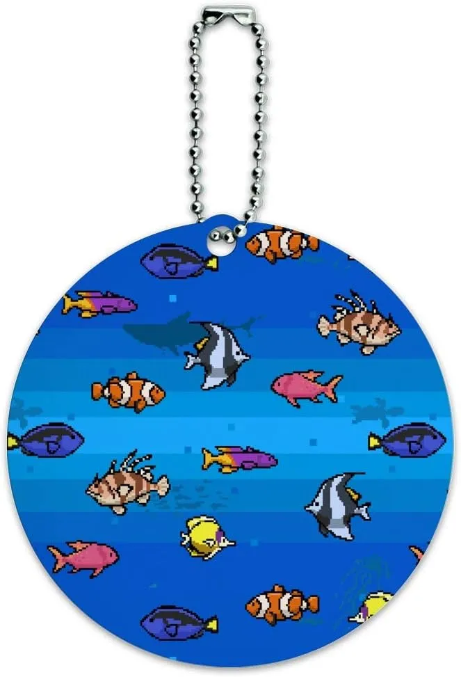 Pixel Tropical Ocean Fish Pattern Round Luggage ID Tag Card Suitcase Carry-On