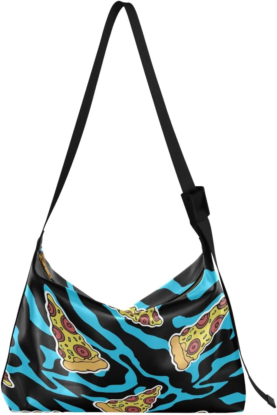 Pizza Bluezebra Print Hobo Crossbody Bags for Women Leather Large Shoulder Bag Cross Body Trendy Womens Tote Bags Handbag for Travel Shopping