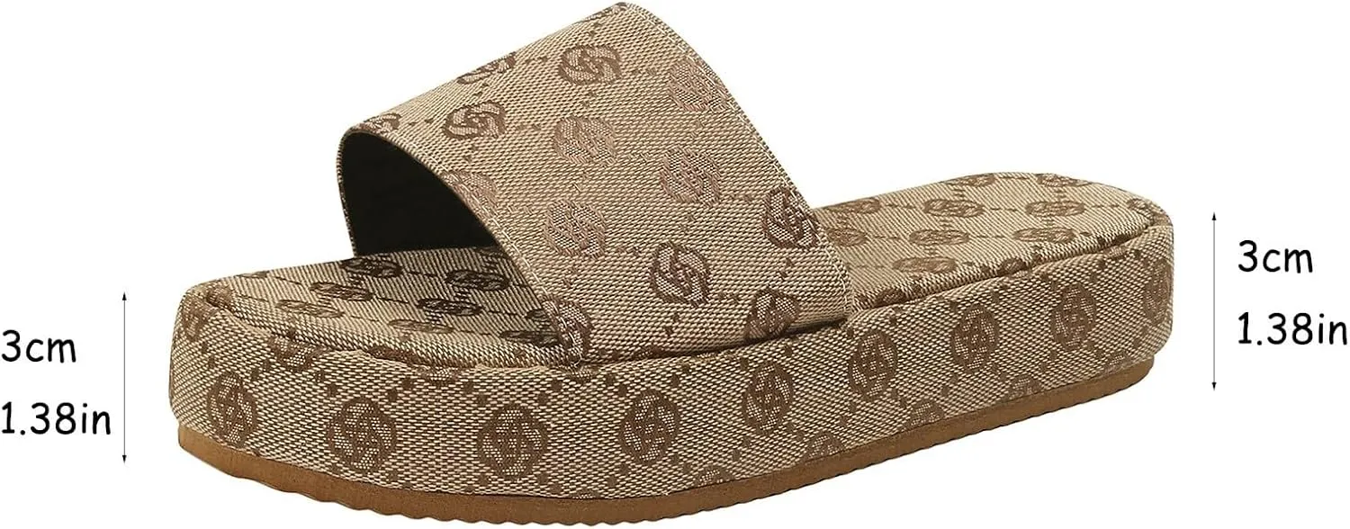 Platform Slides for Womens Canvas Comfortable Open Toe Summer Beach Boho Wedges Slides Slip on Sandals All Day Walking Casual Sandals