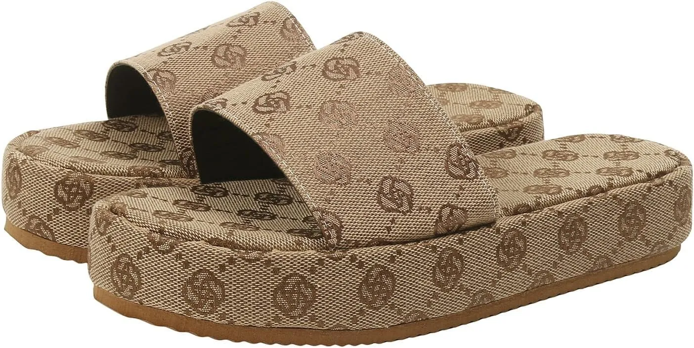 Platform Slides for Womens Canvas Comfortable Open Toe Summer Beach Boho Wedges Slides Slip on Sandals All Day Walking Casual Sandals