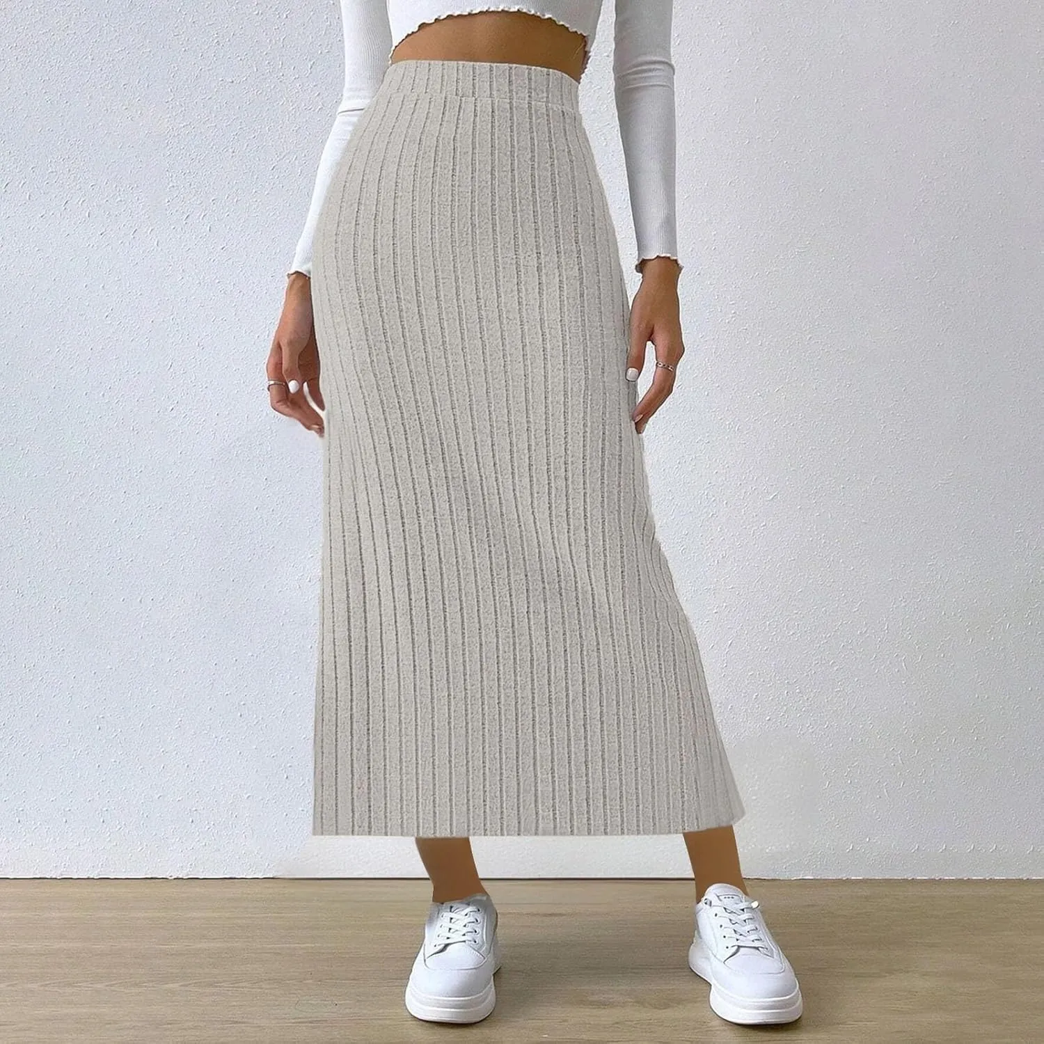 Plus Size High Waisted Skirt Women Knit Midi Bodycon Skirt Elastic Comfy Skirts Plain Fashion Skirt Side Slit Skirt