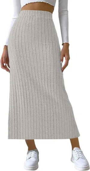 Plus Size High Waisted Skirt Women Knit Midi Bodycon Skirt Elastic Comfy Skirts Plain Fashion Skirt Side Slit Skirt