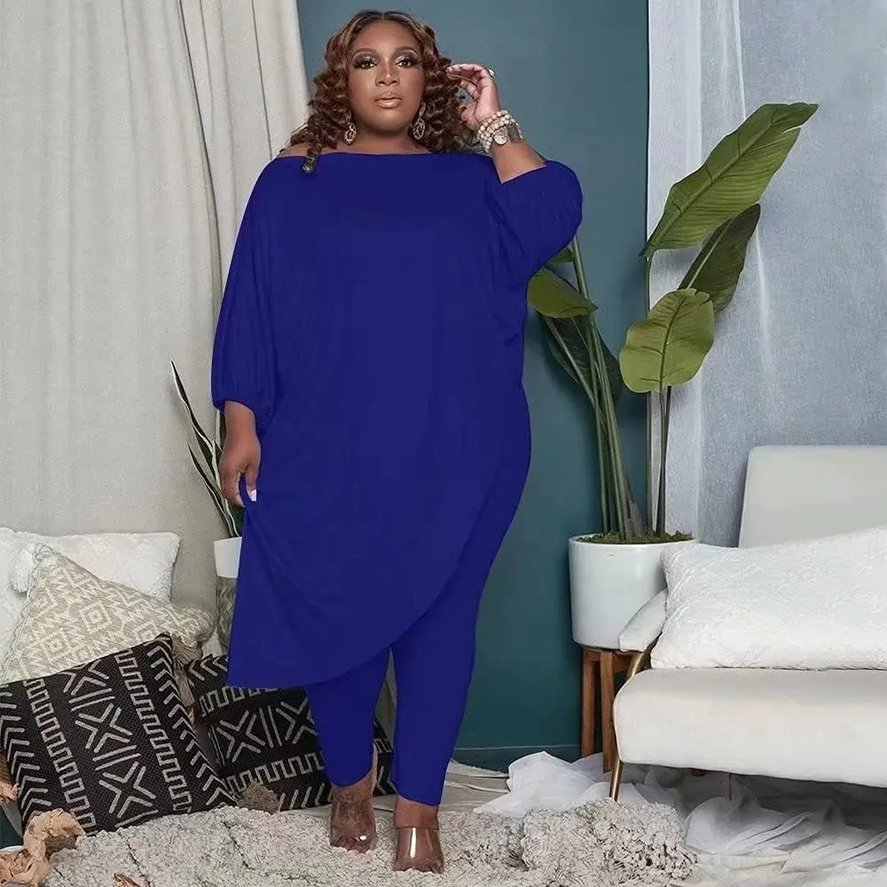 Plus Size Outfits for Women Tracksuits Long Sleeve Slant Shoulder Asymmetrica Tops Bodycon Pants Sweatsuit Sets