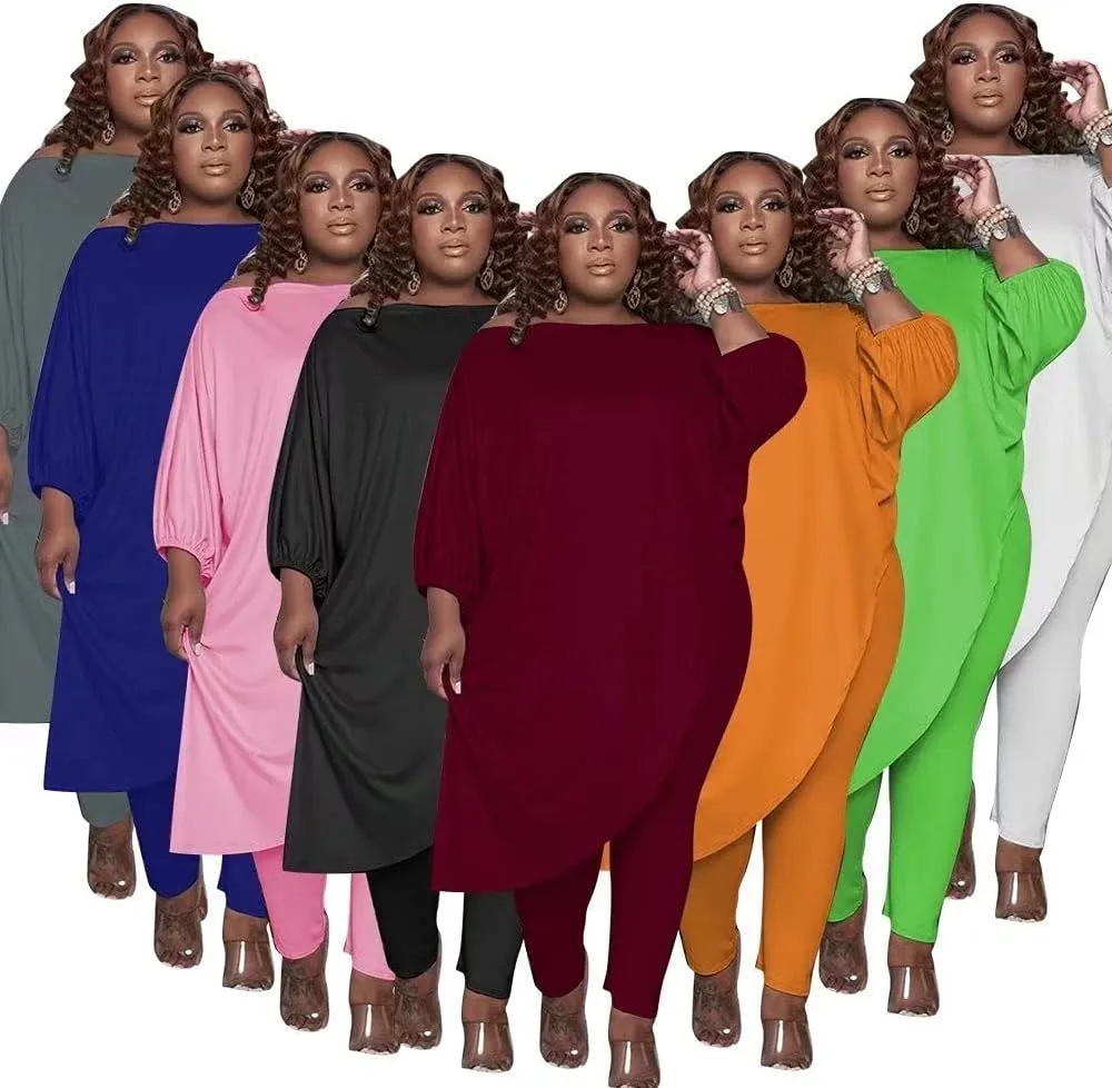 Plus Size Outfits for Women Tracksuits Long Sleeve Slant Shoulder Asymmetrica Tops Bodycon Pants Sweatsuit Sets