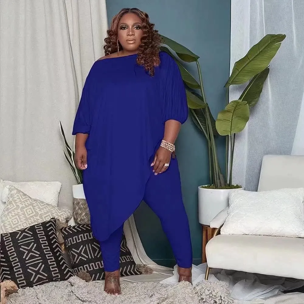 Plus Size Outfits for Women Tracksuits Long Sleeve Slant Shoulder Asymmetrica Tops Bodycon Pants Sweatsuit Sets