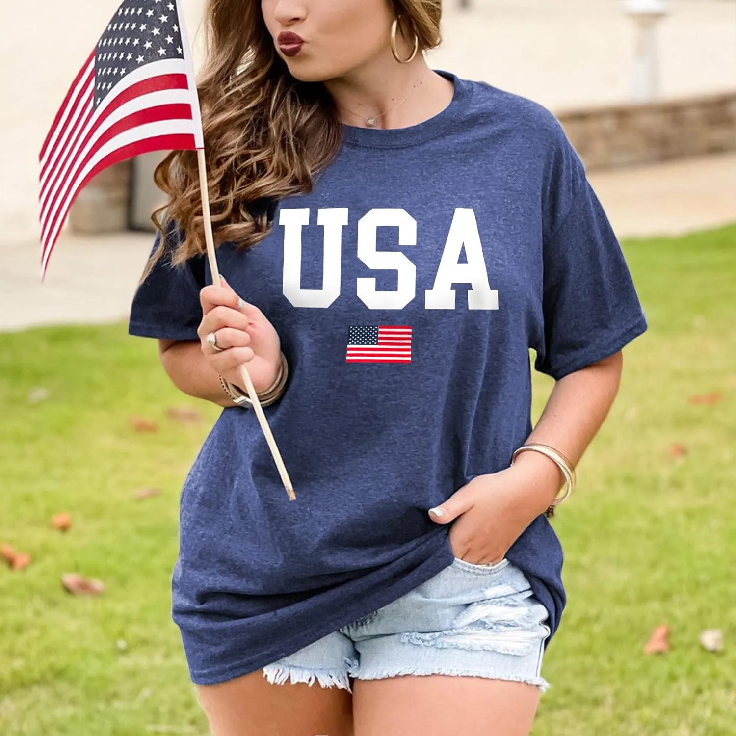 Plus Size USA Flag Shirt for Women 4th of July American Flag Print Tee Tops Short Sleeve Patriotic T-Shirt Blouse