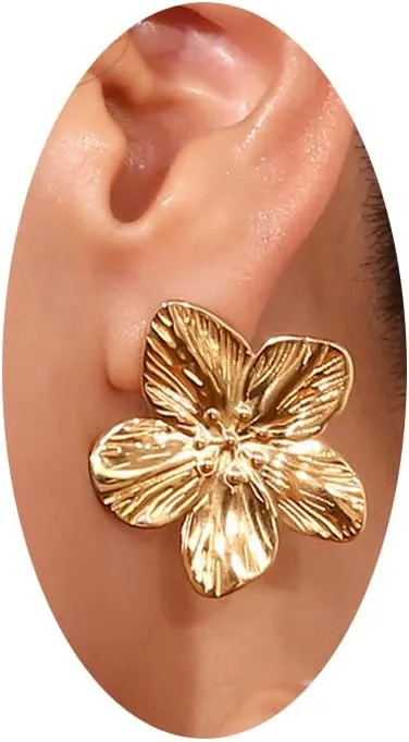 PLwelth Gold Flower Earrings 14K Gold Plated Earrings for Women Cute Flower Statement Earrings Floral Stud Earrings Chunky Bohemian Large Drop Earrings Jewelry Gifts for Her Birthday Christmas
