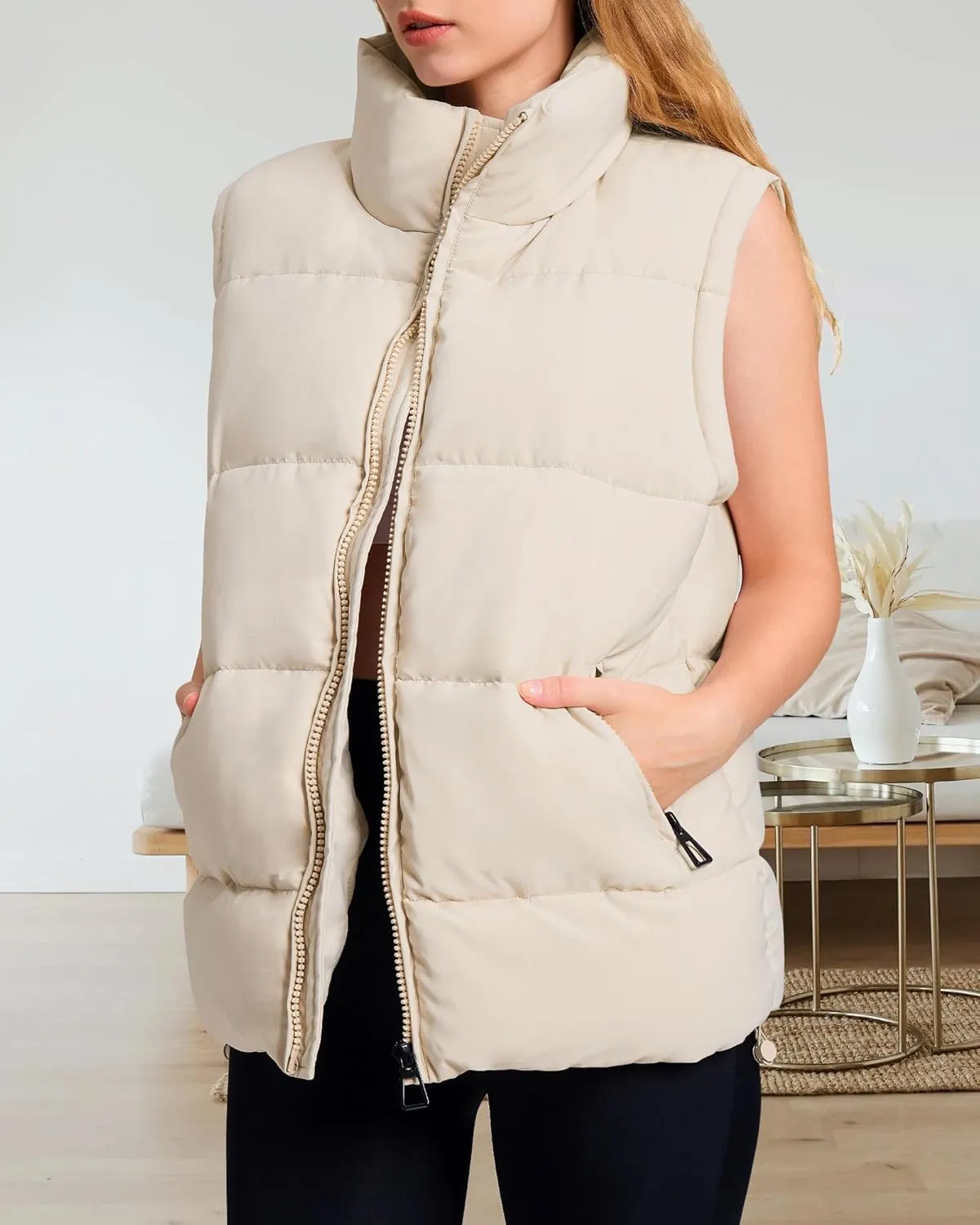 Polu Womens Puffer Vest 2024 Oversized Lightweight Winter Sleeveless Zip Up Padded Stand Collar Jacket Coat Warm