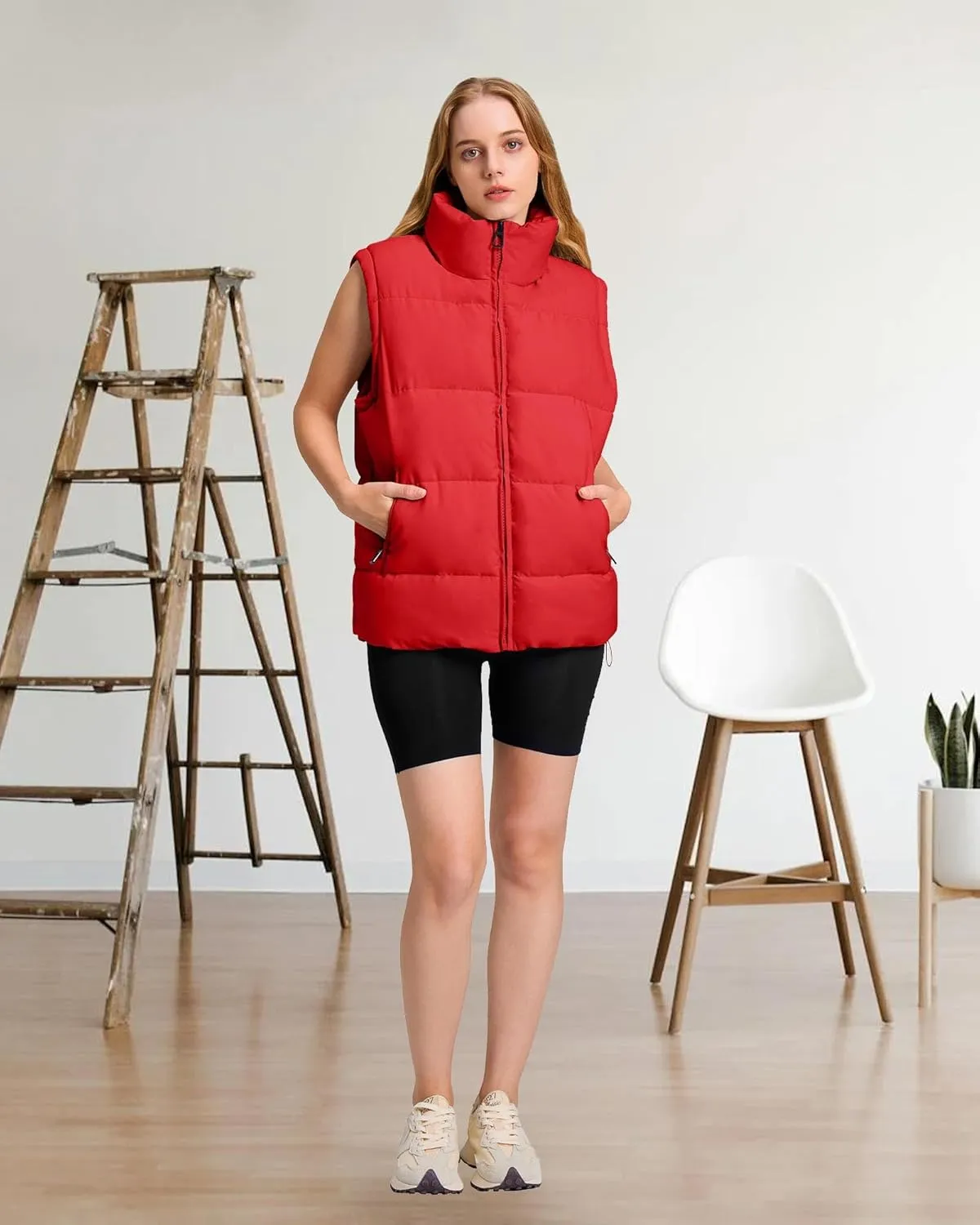 Polu Womens Puffer Vest 2024 Oversized Lightweight Winter Sleeveless Zip Up Padded Stand Collar Jacket Coat Warm